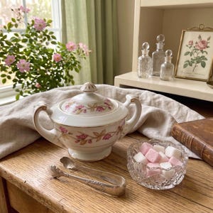 May include: A vintage tea set with a sugar bowl, tongs, and a crystal dish filled with pink and white sugar cubes. The sugar bowl is white with pink floral accents. A framed floral print and a candle are in the background.