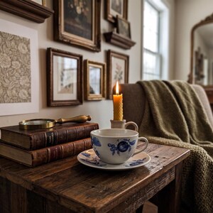 May include: A cozy scene featuring a wooden table with a teacup and saucer with blue floral designs, a lit candle, and two antique books with a magnifying glass. The background includes framed artwork and a chair with a green blanket.