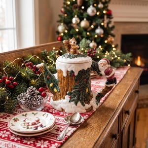 May include: A festive Christmas teapot with a squirrel on the lid, designed to look like a tree trunk with snow and Santa Claus on the handle. The teapot is on a red and white patterned runner with small plates and a bowl of pinecones.