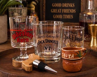 Vintage Barware Lot - 5pc Jack Daniels Sauza Oldesloer Glasses & Dog Stopper