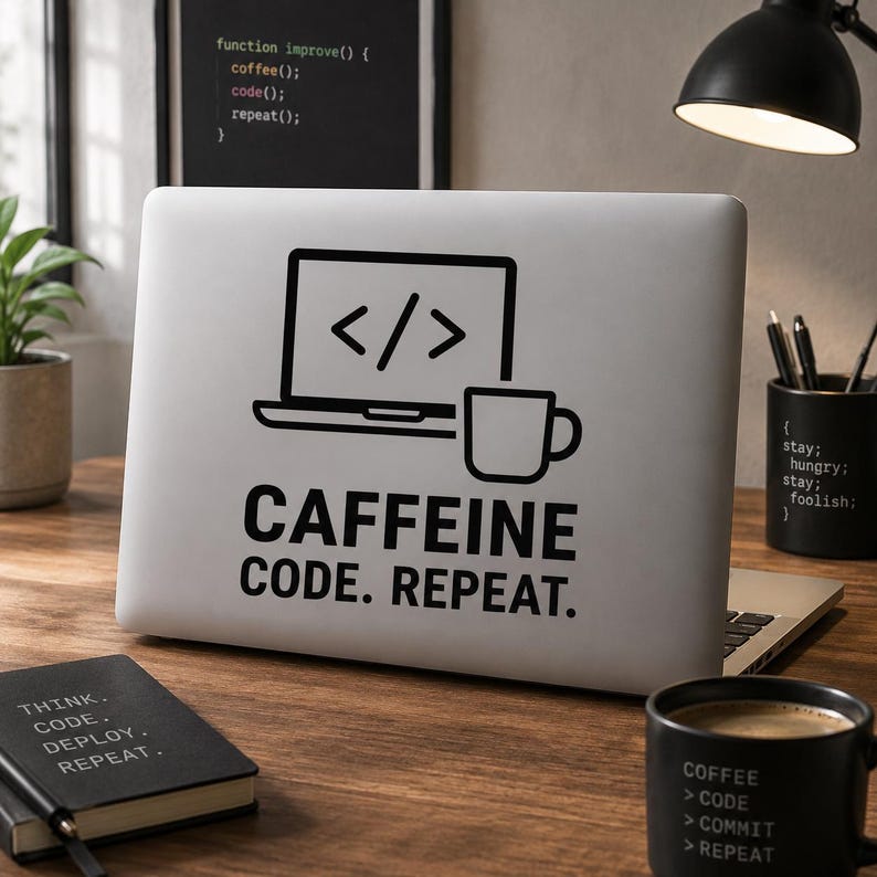 Op de afbeelding: Een laptop met een zwarte afbeelding van een laptop, codehaken en een koffiemok, met de tekst "CAFFEINE CODE. REPEAT." Een zwarte mok met de tekst "COFFEE > CODE > COMMIT > REPEAT" is ook zichtbaar.