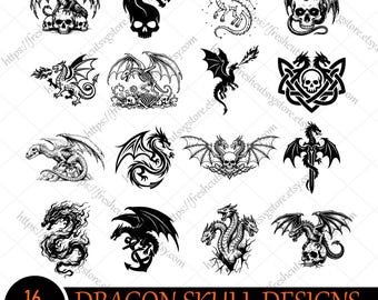 Dragon on Skulls SVG, Dragon png, Skull svg, Dragon Silhouette, Dragon Cut File, Medieval svg, Dragon Tattoo, Dragon Printable, Fire Dragon