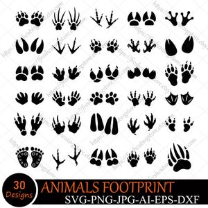 Op de afbeelding: Een verzameling van 30 zwarte dierenvoetafdrukontwerpen, waaronder pootafdrukken, vogelsporen en andere dierensporen. De tekst "ANIMALS FOOTPRINT" wordt hieronder weergegeven, samen met bestandstype-opties.