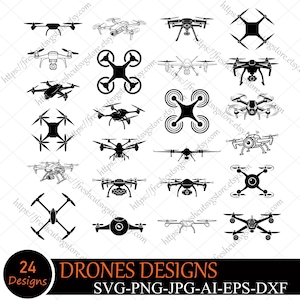 Könnte beinhalten: Eine Sammlung von 24 Drohnen-Designs in Schwarz und Weiß. Das Bild zeigt verschiedene Drohnen-Silhouetten mit unterschiedlichen Formen und Propellerkonfigurationen. Der Text unten lautet "DRONES DESIGNS" und Dateitypoptionen.