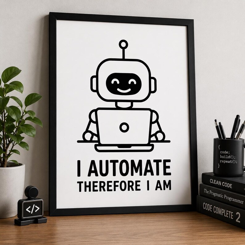 Op de afbeelding: Zwart ingelijste print met een lachende robot met een laptop. De tekst "I AUTOMATE THEREFORE I AM" staat eronder. Een zwarte mok met code en boeken aan de rechterkant.