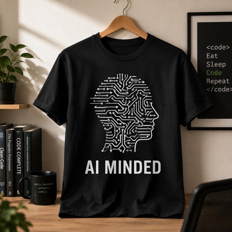 Op de afbeelding: Zwart t-shirt met een witte afbeelding van een printplaat in de vorm van een menselijk hoofd, met de tekst "AI MINDED" eronder. Een ingelijste print rechts zegt "Eat Sleep Code Repeat".