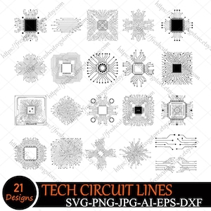 May include: A selection of 21 black and white tech circuit line designs. The designs feature diverse circuit board layouts, square and circular patterns, and linear arrangements. The text "TECH CIRCUIT LINES" and file type information are also included.