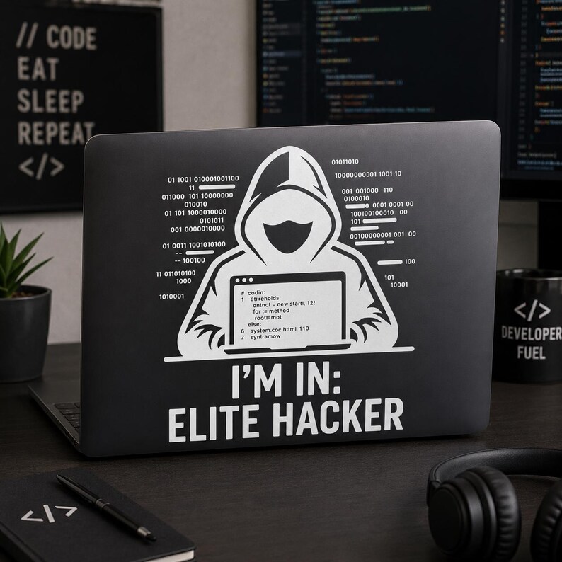 Op de afbeelding: Zwarte laptop met een witte afbeelding van een figuur met capuchon en de tekst "I'M IN: ELITE HACKER." Binaire code en programmeertermen zijn ook zichtbaar. Een mok met "DEVELOPER FUEL" is zichtbaar.