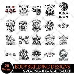 May include: A collection of 20 bodybuilding designs in SVG, PNG, JPG, AI, EPS, and DXF formats. The black and white graphics include motivational phrases, skulls, weights, and muscular figures, perfect for gym-related projects.