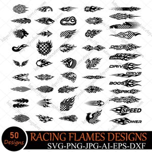 Könnte beinhalten: Eine Sammlung von 50 schwarzen Rennflammendesigns. Die Designs umfassen Flammen, Schachbrettmuster und Text wie "DRIVE", "BOOST" und "SPEED". Das Bild enthält auch den Text "RACING FLAMES DESIGNS" und Dateitypinformationen.