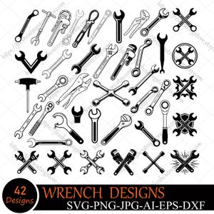 May include: A collection of 42 black and white wrench designs featuring various types of spanners, pipe wrenches, and socket tools. The graphic set includes individual tools and crossed wrench icons, with text reading 42 WRENCH DESIGNS SVG-PNG-JPG-AI-EPS-DXF.