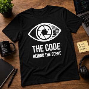 Op de afbeelding: Zwart T-shirt met een witte afbeelding van een oog met een cameralensontwerp en binaire code. De tekst "THE CODE BEHIND THE SCENE" staat eronder. Links een zwarte mok met "</> CODE. COFFEE. REPEAT.".