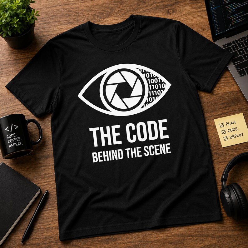 Op de afbeelding: Zwart T-shirt met een witte afbeelding van een oog met een cameralensontwerp en binaire code. De tekst "THE CODE BEHIND THE SCENE" staat eronder. Links een zwarte mok met "</> CODE. COFFEE. REPEAT.".