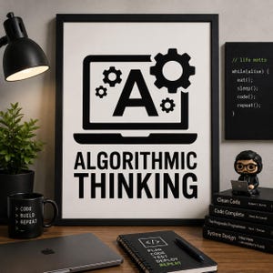 Op de afbeelding: Een zwart-wit ingelijste print met de tekst "ALGORITHMIC THINKING" en een laptopafbeelding met tandwielen. Links staat een zwarte mok met "CODE > BUILD > REPEAT". Op het bureau ligt een notitieboek met "PLAN CODE TEST DEPLOY REPEAT".
