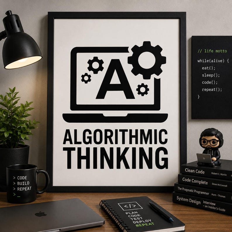 Op de afbeelding: Een zwart-wit ingelijste print met de tekst "ALGORITHMIC THINKING" en een laptopafbeelding met tandwielen. Links staat een zwarte mok met "CODE > BUILD > REPEAT". Op het bureau ligt een notitieboek met "PLAN CODE TEST DEPLOY REPEAT".