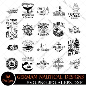 May include: A collection of twenty-one black and white nautical-themed graphic designs featuring illustrations of ships, lighthouses, anchors, compasses, and waves, accompanied by various German phrases such as Meergeflüster and Ankerplatz.