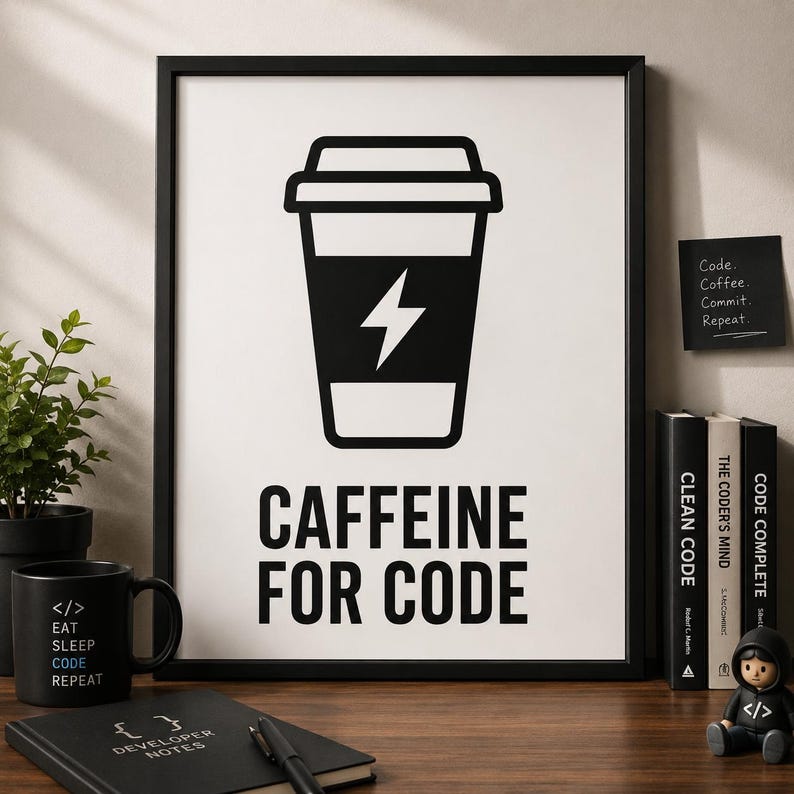 Op de afbeelding: Zwart ingelijste print met een koffiekopje en de tekst "CAFFEINE FOR CODE". Een zwarte mok met "EAT SLEEP CODE REPEAT" staat links. Boeken en een notitieblok zijn ook zichtbaar.