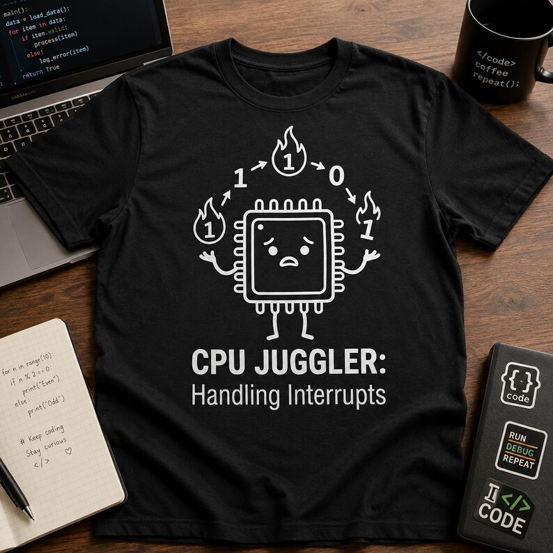 Op de afbeelding: Zwart t-shirt met een witte afbeelding van een CPU met vlammen en cijfers. De tekst "CPU JUGGLER: Handling Interrupts" staat eronder. Een zwarte mok met witte tekst en een zwart code-thema accessoire zijn ook zichtbaar.