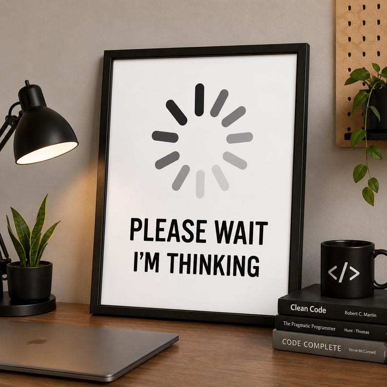 Op de afbeelding: Een zwartgelijste print met de tekst "PLEASE WAIT I'M THINKING" en een laadsymbool. Een zwarte koffiemok met codesymbolen staat op een stapel boeken. Een laptop en een bureaulamp zijn ook zichtbaar.