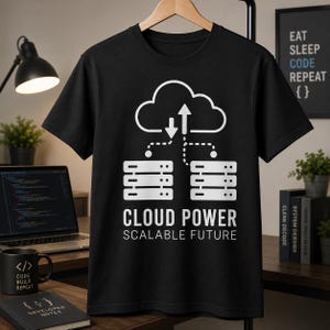 Op de afbeelding: Zwart t-shirt met een witte afbeelding van een wolk, pijlen en serverracks. De tekst "CLOUD POWER SCALABLE FUTURE" staat eronder. Het t-shirt hangt aan een houten hanger.