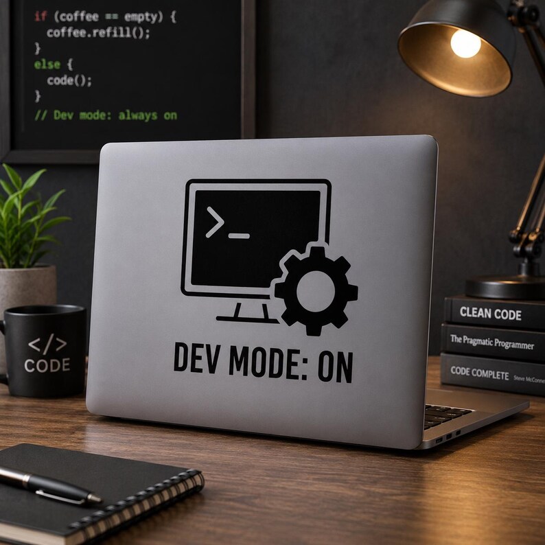 Op de afbeelding: Een laptop met een zwarte "DEV MODE: ON" sticker met een computermonitorpictogram en een tandwiel. Links staat een zwarte mok met "</> CODE". Boeken en een bureaulamp op de achtergrond.