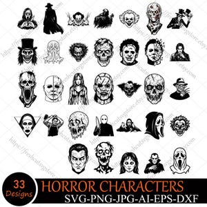 May include: A collection of 33 black and white horror character designs, including iconic figures like Pennywise, Michael Myers, and Freddy Krueger. The designs are presented in SVG, PNG, JPG, AI, EPS, and DXF formats, perfect for Halloween-themed projects.
