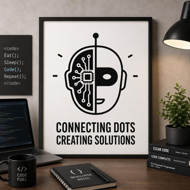 Op de afbeelding: Zwart ingelijste print met een robotkopafbeelding en de tekst "CONNECTING DOTS CREATING SOLUTIONS." Een zwarte mok met "</> CODE FUEL" staat op het bureau. Een laptop en een notitieboek met "DEVELOPER NOTES" zijn ook zichtbaar.