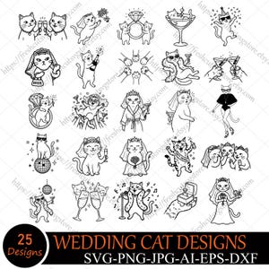 May include: A collection of 25 black and white line art illustrations featuring cats in wedding and party attire. The designs include cats with veils, diamond rings, champagne glasses, disco balls, and party accessories, labeled as 25 WEDDING CAT DESIGNS.