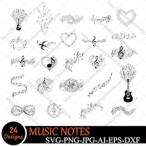 May include: A collection of 24 black and white music-themed designs. The designs include musical notes, treble clefs, and shapes like hearts and guitars. The text "MUSIC NOTES" and file type options are also included.