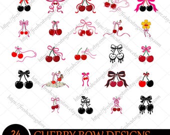Cherry SVG Bundle with Bows, Bow Cherry svg, Coquette Cherry Bow, Cherry Bow Clipart, Cherry Ribbon, Cherries png svg, Digital Download