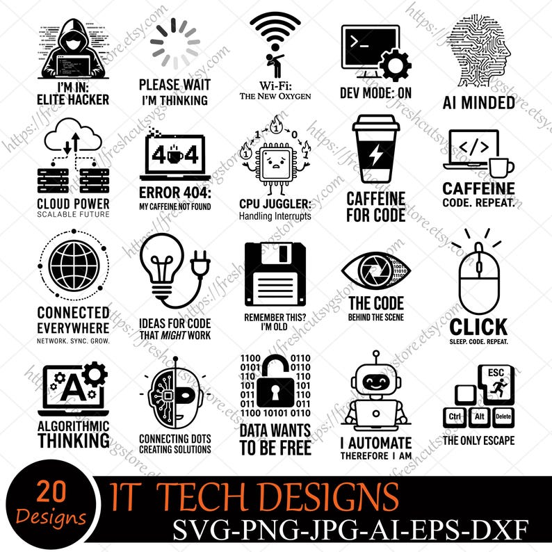 Op de afbeelding: Een verzameling van 20 IT tech designs in zwart en wit. De ontwerpen bevatten iconen voor Wi-Fi, cloud power, AI, coderen en een robot. Tekst omvat "Elite Hacker", "Caffeine for Code" en "Data Wants to Be Free".