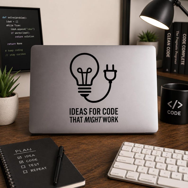 Op de afbeelding: Een laptop met een zwarte afbeelding van een gloeilamp en een stekker, met de tekst "IDEAS FOR CODE THAT MIGHT WORK". Een zwarte mok met codesymbolen, een toetsenbord en een notitieboek zijn ook zichtbaar.
