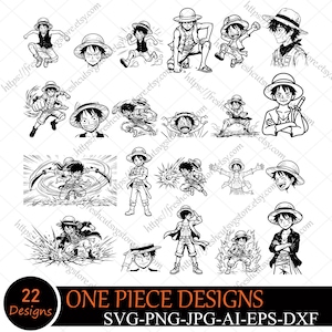 May include: A collection of 22 black and white illustrations of a character wearing a straw hat, in various action poses. The text "ONE PIECE DESIGNS" and file type options are at the bottom.
