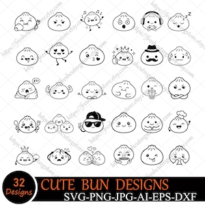 May include: A collection of 32 black and white line art illustrations featuring various dumpling characters with different facial expressions, accessories, and poses, including text that reads 32 CUTE BUN DESIGNS SVG-PNG-JPG-AI-EPS-DXF.