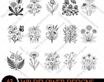 Wildflower svg Bundle, Flower Meadow svg, Flower svg, Flower Bouquet svg, Botanical svg, Flower Border, Floral Line Art, Wildflower Clipart