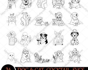 Custom Pet Cocktail Portrait, Dog Cat Drink Line Art Drawing, Personalized Animal Illustration, Wedding Drink Sign, Digital Download