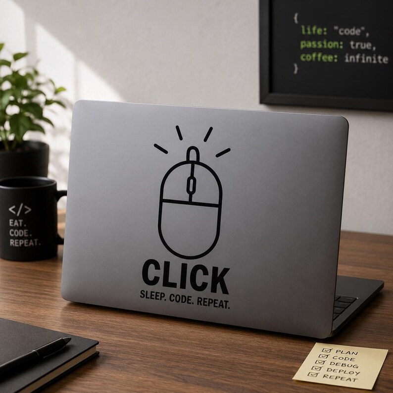 Op de afbeelding: Een grijze laptop met een zwarte muisafbeelding en het woord "CLICK" eronder. De tekst "SLEEP. CODE. REPEAT." staat onder "CLICK". Een zwarte mok met de tekst "</> EAT. CODE. REPEAT." staat links. Een plakbriefje met selectievakjes staat rechts.