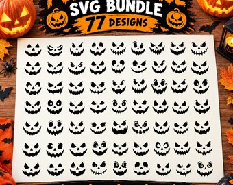 Pakiet 77 dyniowych twarzy w formacie SVG, dynia w formacie SVG na Halloween, Jack O Lantern w formacie SVG, cliparty dyniowych twarzy, pliki Cricut Cut, natychmiastowe pobieranie