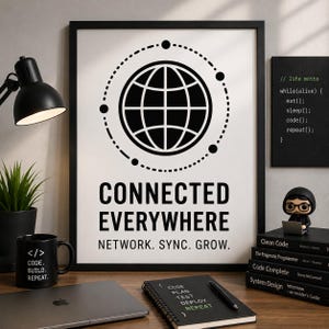 Op de afbeelding: Een ingelijste print met de tekst "CONNECTED EVERYWHERE" en een wereldbol-afbeelding. Een zwarte mok met "CODE. BUILD. REPEAT." staat links. Een laptop, notitieboek en boeken zijn ook zichtbaar.