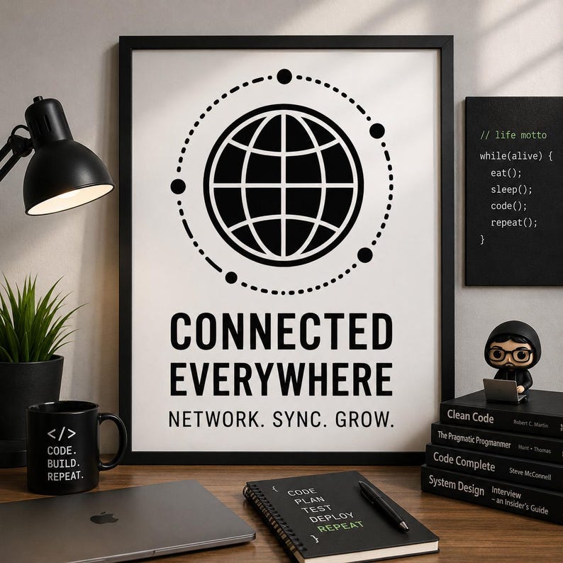 Op de afbeelding: Een ingelijste print met de tekst "CONNECTED EVERYWHERE" en een wereldbol-afbeelding. Een zwarte mok met "CODE. BUILD. REPEAT." staat links. Een laptop, notitieboek en boeken zijn ook zichtbaar.