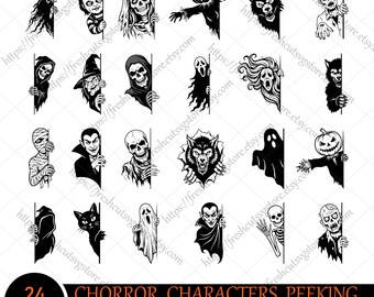 Pakiet SVG z postaciami podglądającymi Halloween, SVG z horrorem na Halloween, wiedźma, duch, szkielet, straszne pliki SVG, przerażające kliparty, pliki do wycinania postaci z horrorów