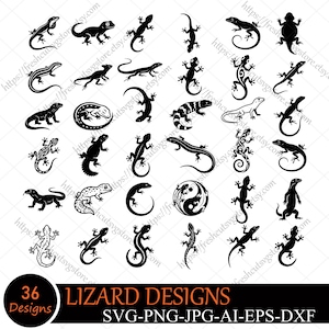 Könnte beinhalten: Eine Sammlung von 36 schwarz-weißen Eidechsen-Silhouetten und Grafikdesigns, die in einem Raster angeordnet sind. Das Set enthält verschiedene Eidechsenformen, einige mit komplexen Mustern, und ein Yin-Yang-Symbol. Der Text unten lautet 36 LIZARD DESIGNS.