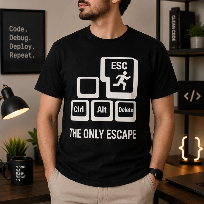 Op de afbeelding: Zwart T-shirt met een witte afbeelding van computertoetsen, waaronder Ctrl, Alt en Delete, en het woord "ESC" met een rennende figuur. De tekst "THE ONLY ESCAPE" staat eronder. Een mok met code-gerelateerde tekst staat op de tafel.
