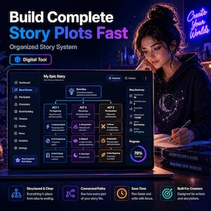May include: A digital tool interface with the text "Build Complete Story Plots Fast." The interface displays a story plot outline with sections like "Act 1," "Act 2," and "Act 3." A woman is shown using the tool, with the words "Create Your Worlds" in neon.