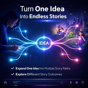 May include: Digital illustration with the text "Turn One Idea Into Endless Stories." A person writes in a book, connected by glowing lines to a central "IDEA" and fantasy characters. The image promotes expanding ideas into multiple story paths and exploring different outcomes.