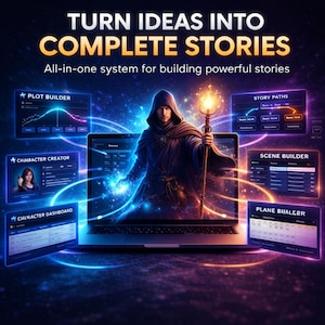 May include: A digital illustration promoting a storytelling software. The image features a laptop with various interface screens, including a plot builder and character creator. A robed figure with a staff stands in front of the laptop. Text reads "TURN IDEAS INTO COMPLETE STORIES."