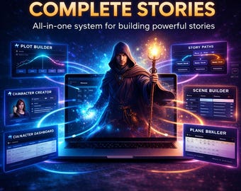 Könnte beinhalten: Digitale Illustration, die für eine Storytelling-Software wirbt. Das Bild zeigt einen Laptop mit verschiedenen Benutzeroberflächen, darunter ein Plot-Builder und ein Charakter-Creator. Eine Figur in Robe mit Stab steht vor dem Laptop. Der Text lautet "TURN IDEAS INTO COMPLETE STORIES" und "All-in-one system for building powerful stories."
