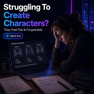 Könnte beinhalten: Ein Laptop-Bildschirm zeigt Charakterkonzepte mit dem Text "Struggling To Create Characters?" und "They Feel Flat & Forgettable." Eine Person ist mit der Hand am Kopf zu sehen, die auf den Laptop blickt. Ein Notizbuch mit dem Text "Why do my characters feel so bland?" ist ebenfalls sichtbar.