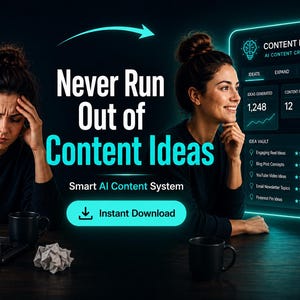 May include: An advertisement for a content idea engine. The image shows two women, one looking stressed and the other smiling, with a digital interface displaying content creation tools. Text reads "Never Run Out of Content Ideas."