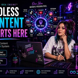 May include: A digital marketing graphic with the text "ENDLESS CONTENT STARTS HERE." A woman with headphones sits at a desk with a laptop and tablet. The image promotes content creation with icons for social media platforms and the phrase "One Idea, Infinite Possibilities."